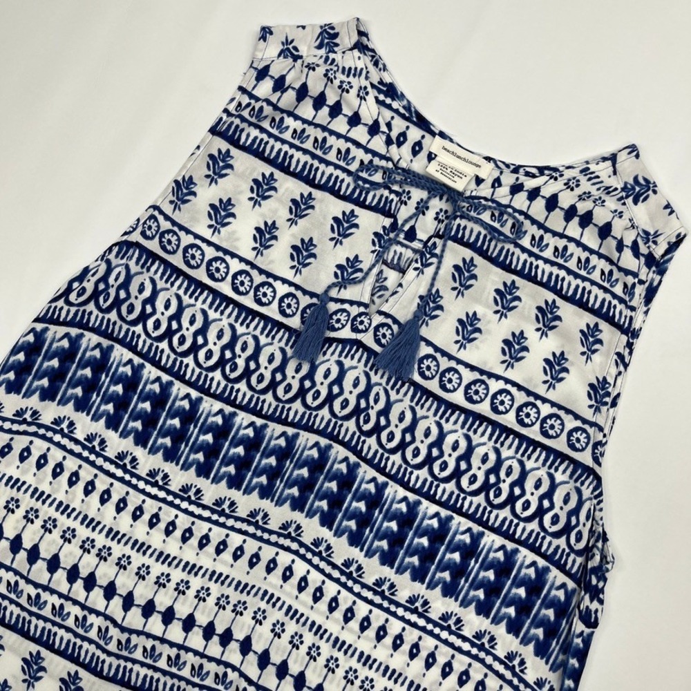 Beachlunchlounge Blue White Batik Print Boho Tassel Tie‎ Tank Top Large